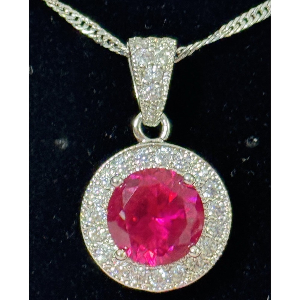 GOLDCOAST Silver Pendant Necklace with Round Ruby and Cubic Zirconia Halo NWB